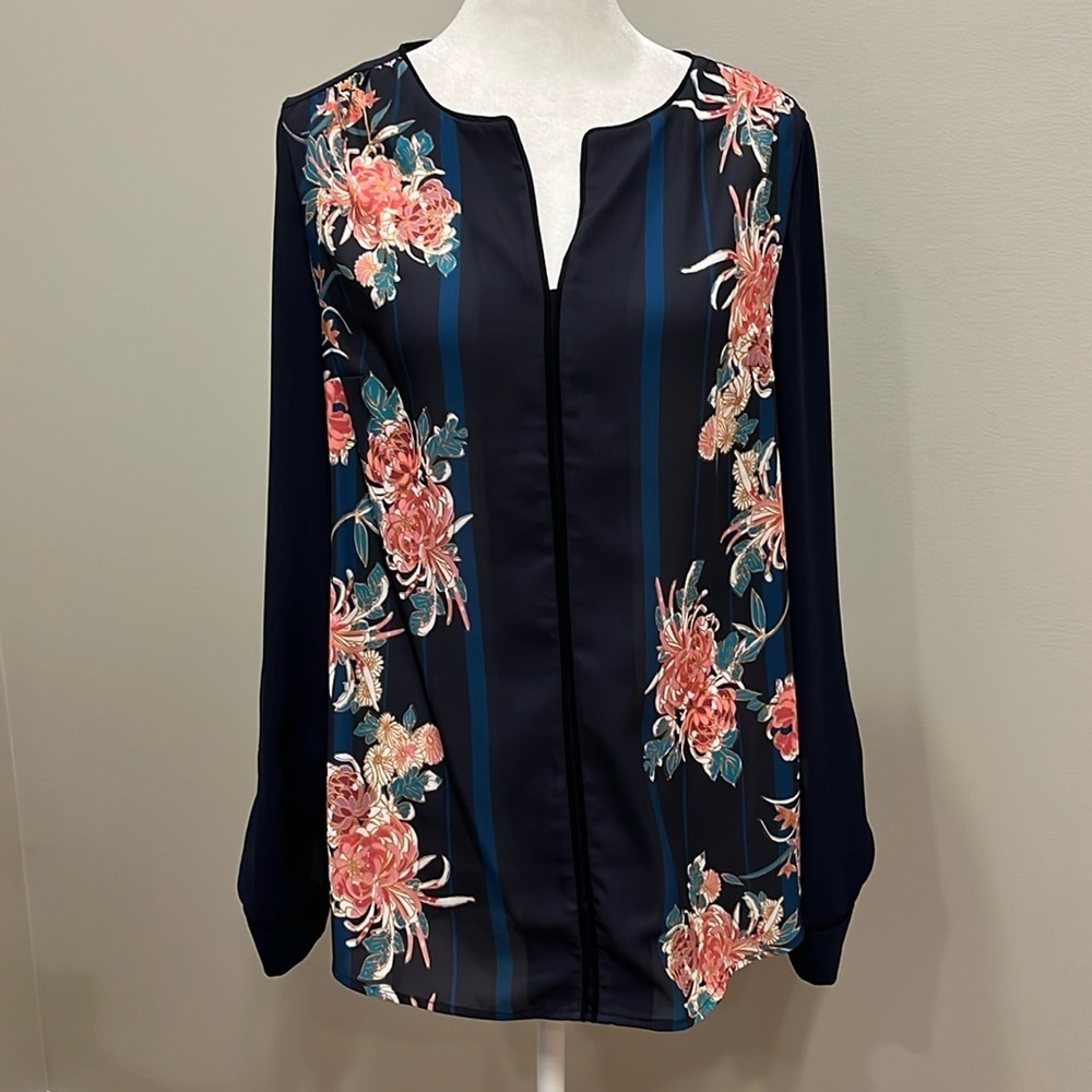 ModCloth Navy Floral Long Sleeve Blouse